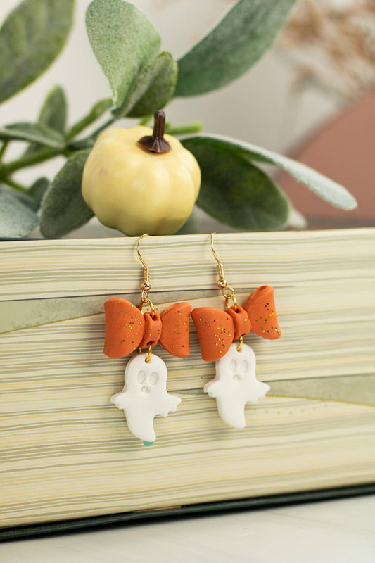 EJ Clay Co - Ghostie Orange Glitter Bow Dangles - Halloween Earrings