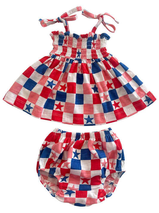 SIIX Collection - Red, White, Blue & Pink Checkerboard / Organic Smocked Set