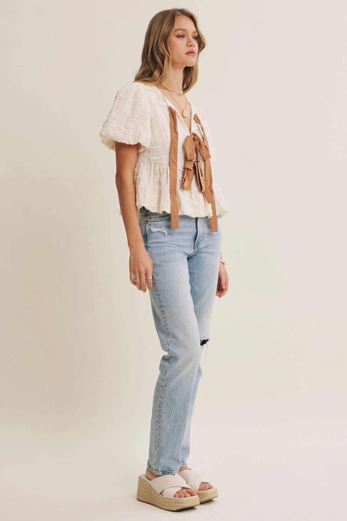 in february - BESTSELLER ROMANTIC TEXTURED CONTRAST BOW PEPLUM BLOUSE