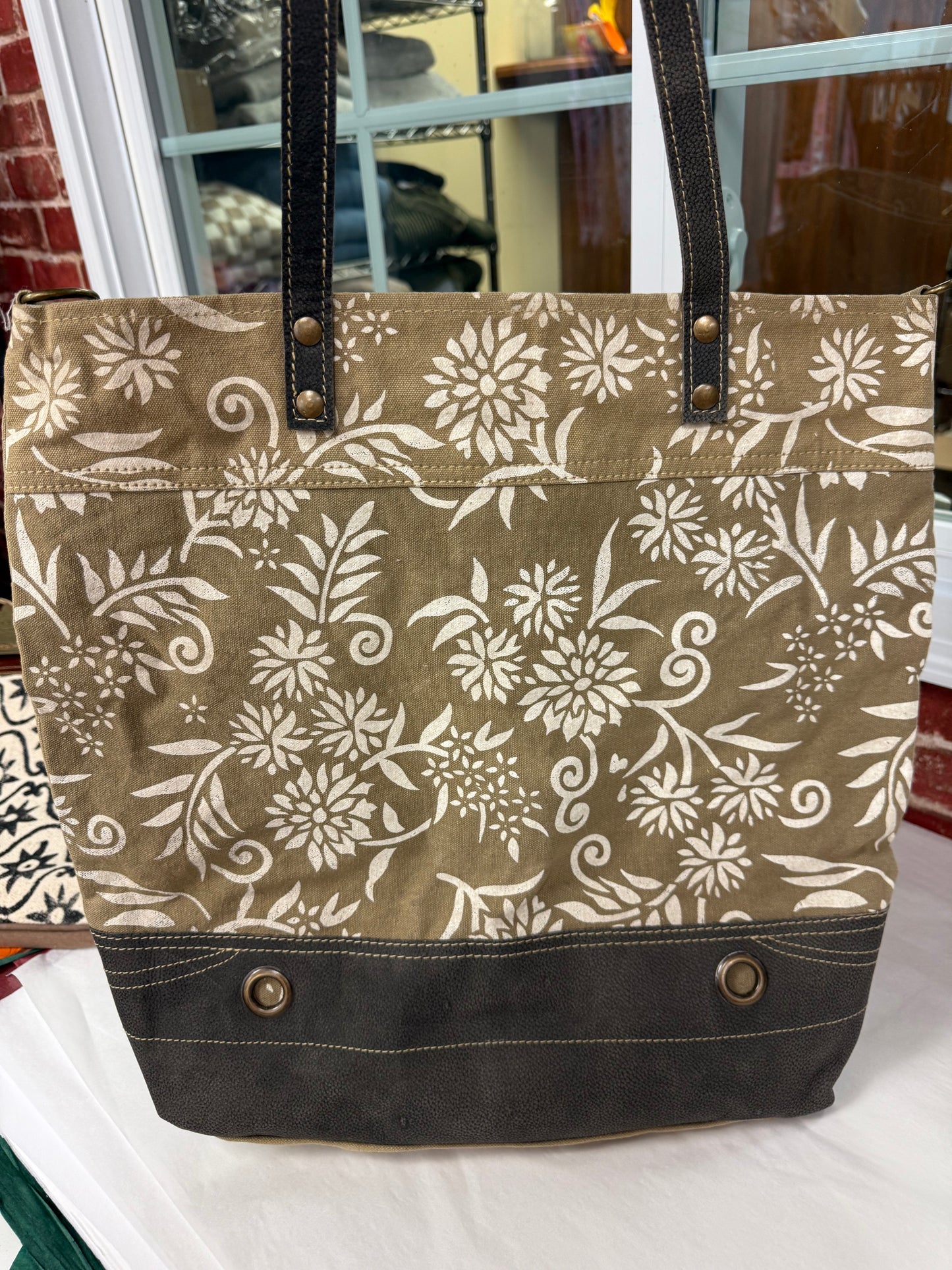 Clea Ray Canvas Bags & Clothing - olive Canvas With Floral Pattern Tote