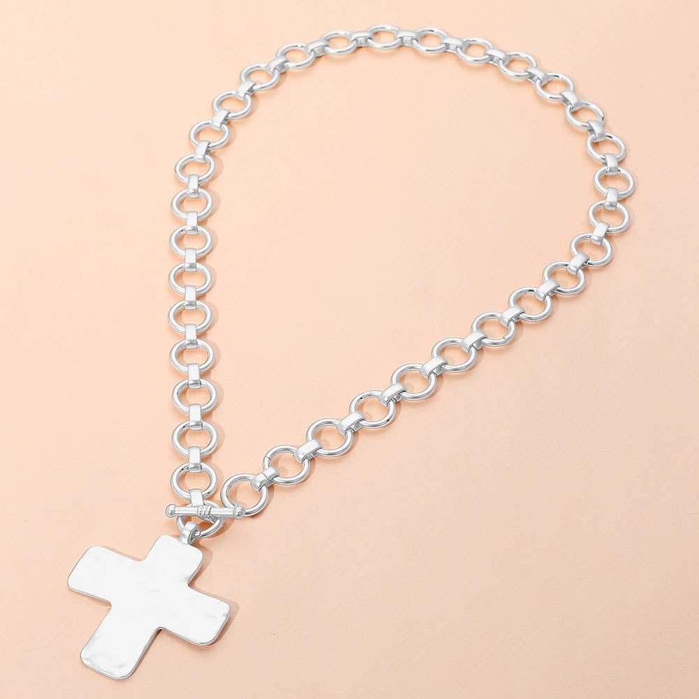 Sensibling Corp. - Hammered Matte Metal Cross Pendant Chunky Chain Toggle Necklace