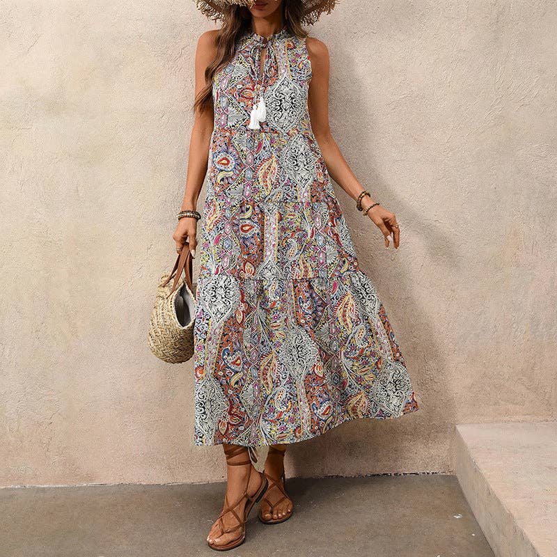 Lovesoft - Women’s Boho Paisley Tassel Maxi Dress Sleeveless