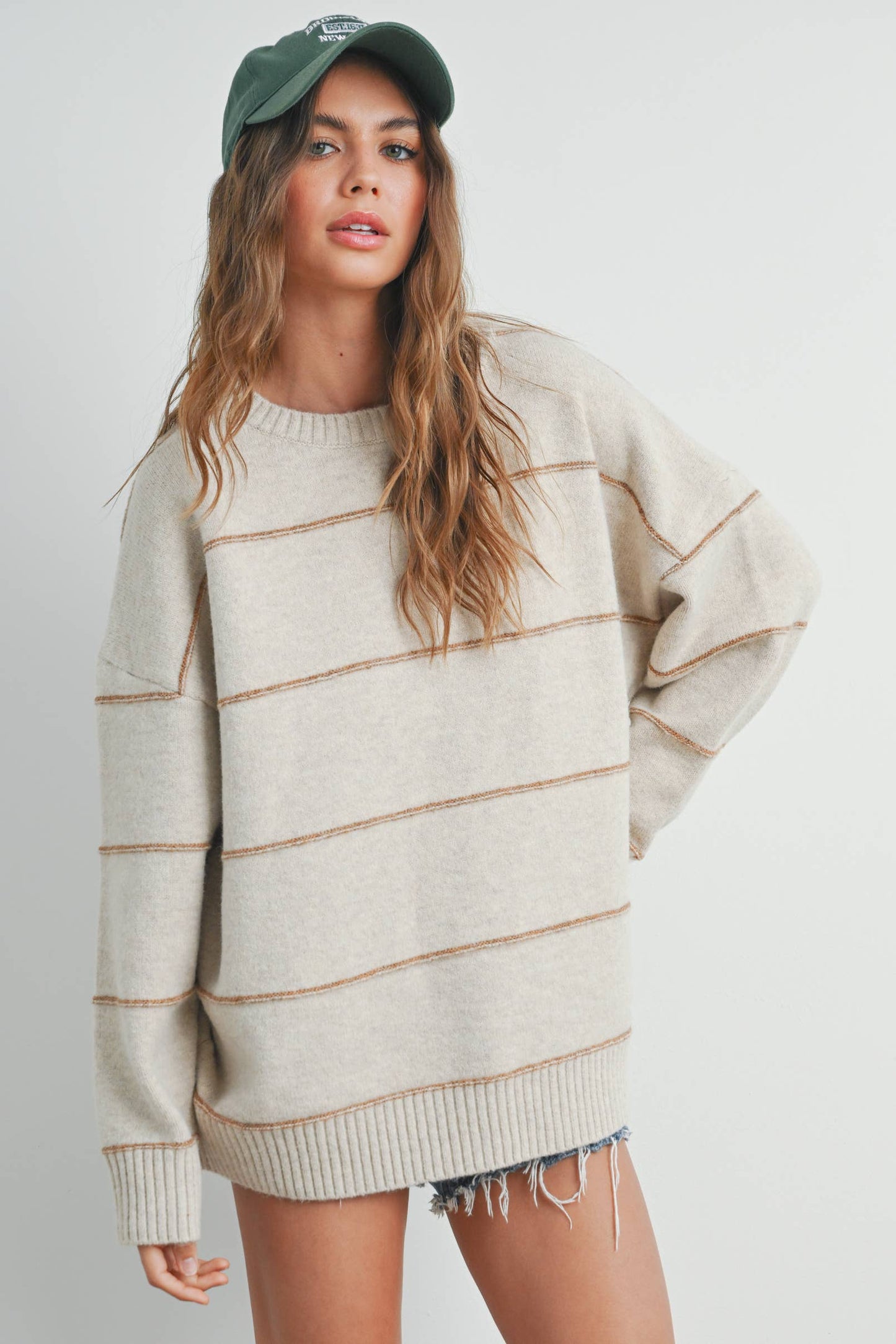 BUTTERMELON - Striped Pattern Drop Shoulder Sweater - BMW7421