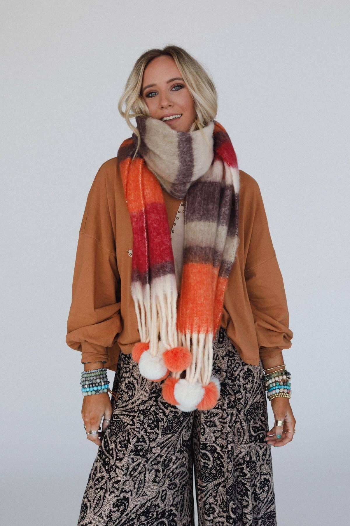 Three Bird Nest - Chill Stripe Pom Scarf - Orange