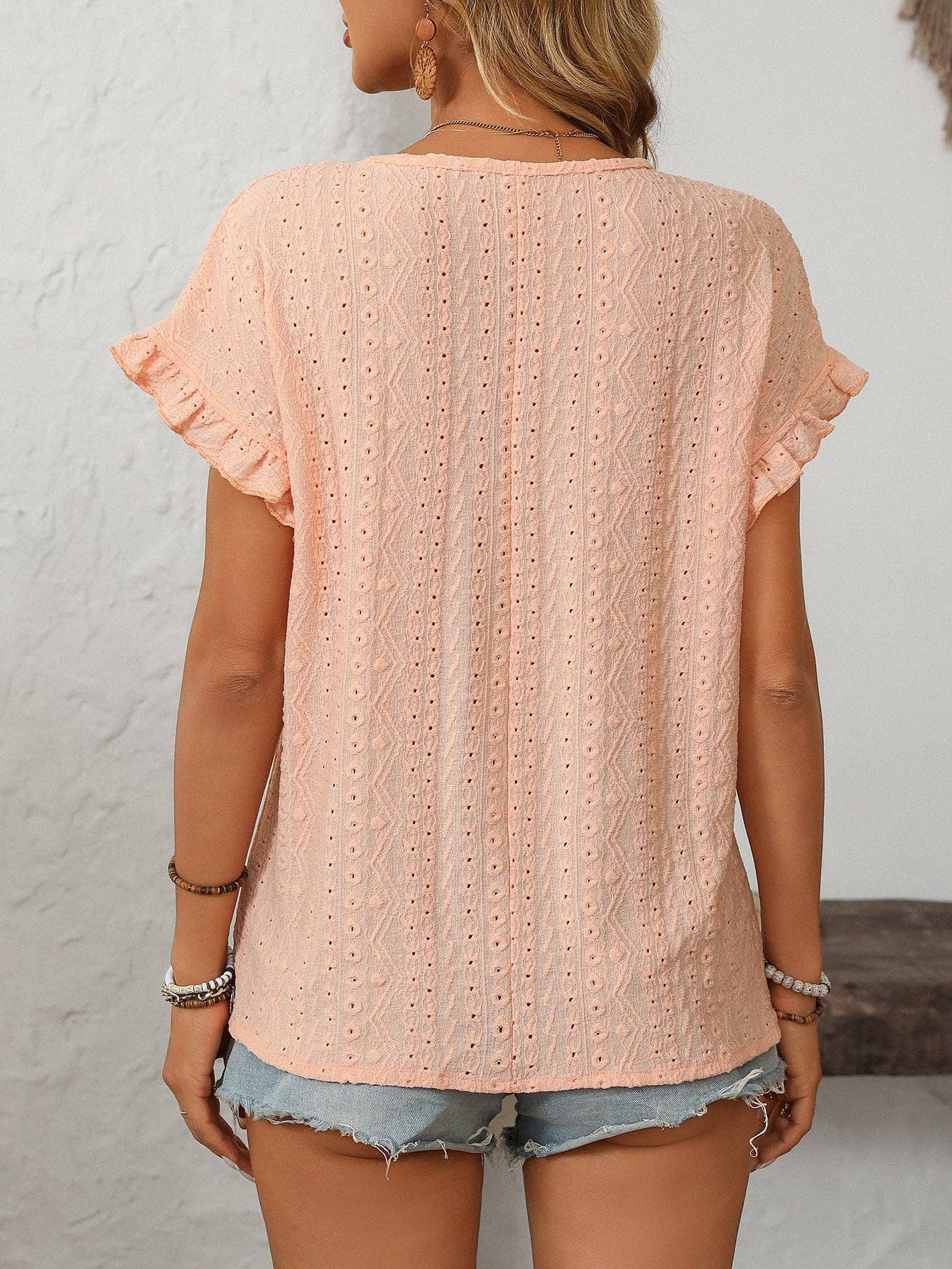 Lovesoft - Solid Color Crewneck Sweet Short-Sleeve Hollow-Out Top