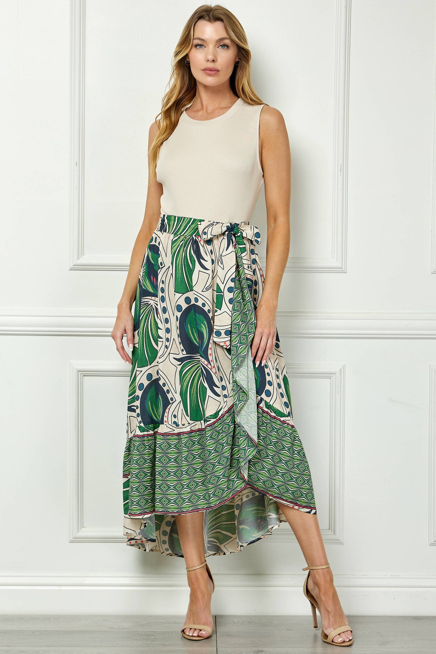 Winslow Collection - TROPIC TALES BELTED FAUX WRAP PRINTED DRESS WITH RUFFLE HEM