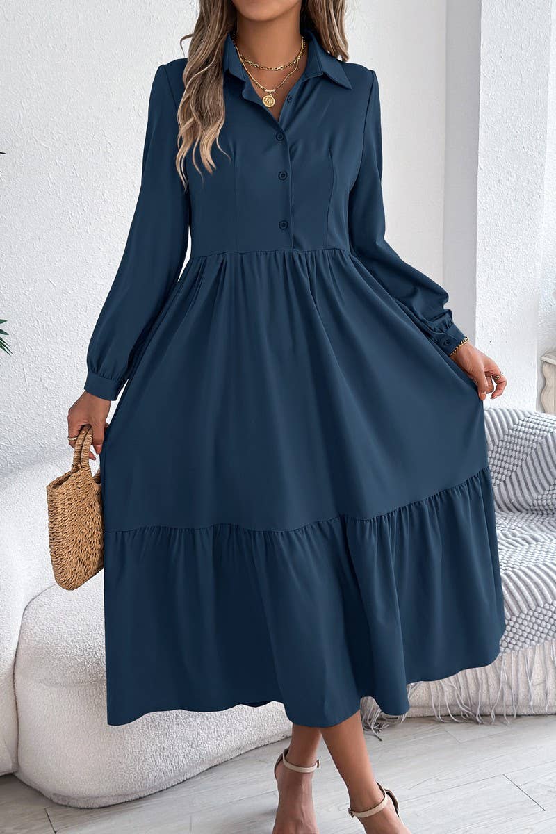 NINEXIS - CWDMD6027_LOOSE FIT RUFFLE TRIM LONG SLEEVE SHIRT DRESS