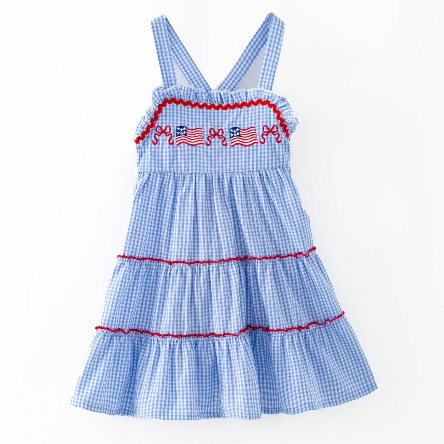The Hair Bow Company - Blue Gingham American Flag Tiered Dress | Girls Patriotic Ruffle Dress