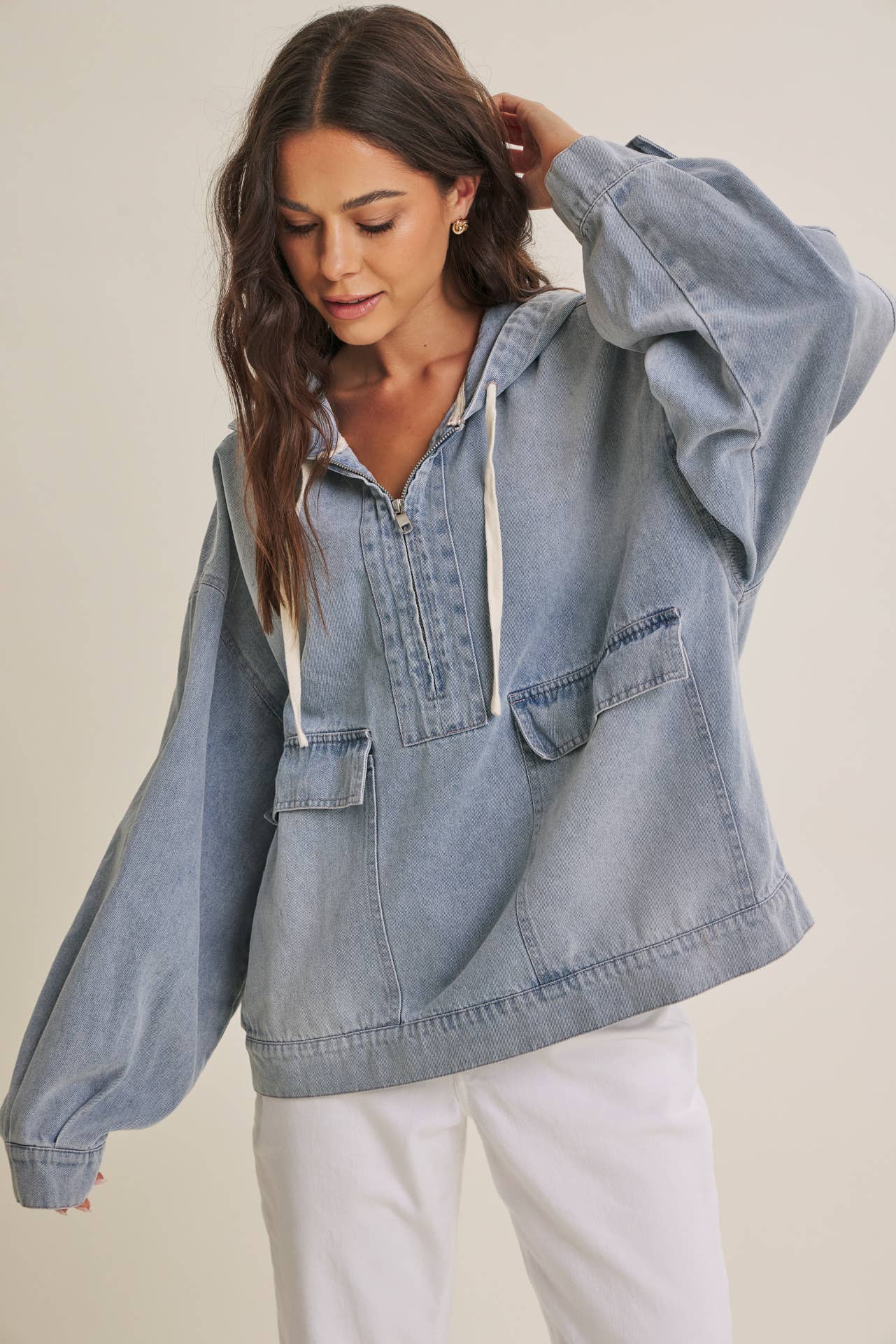 in february - CRAVING COMFORT MINERAL-WASHED DENIM HOODED PULLOVER