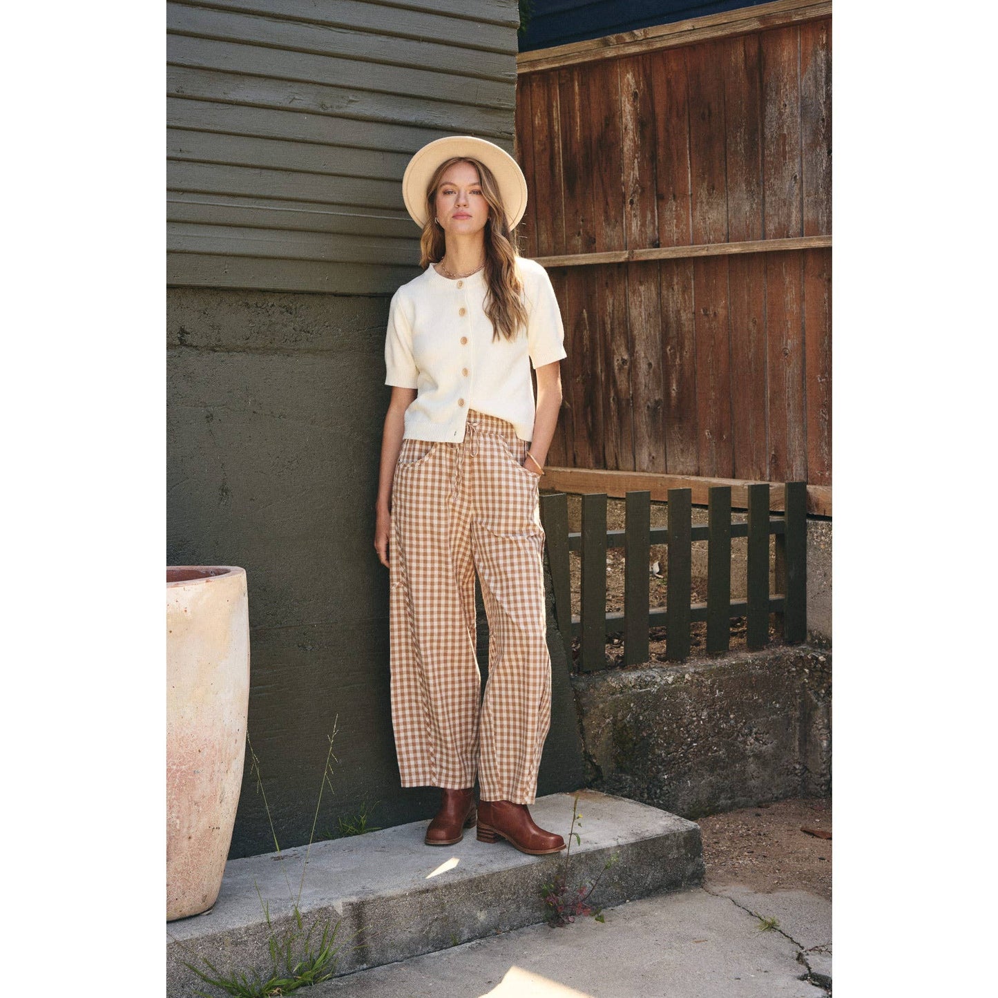 in february - EASY DAY RELAXED GINGHAM COTTON BARREL LEG PANTS