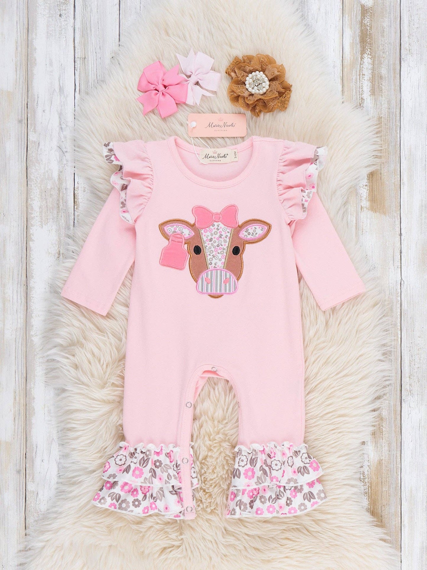Marie Nicole Clothing - Floral Cow Cutie Ruffle Romper