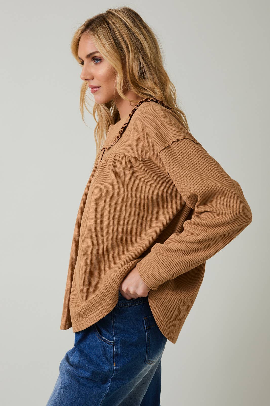 Sunday Edition by LE LIS - PETER PAN COLLARED THERMAL LONG SLEEVE BUTTON UP TOP