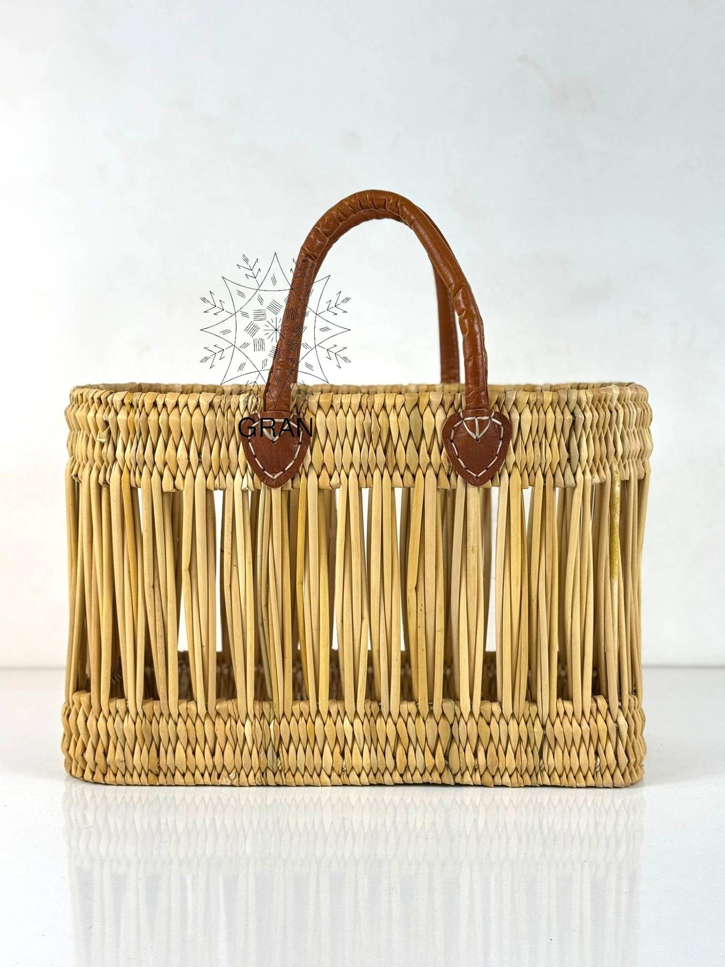 Gran Wholesale - Handwoven Open Reed Basket with Leather Handles