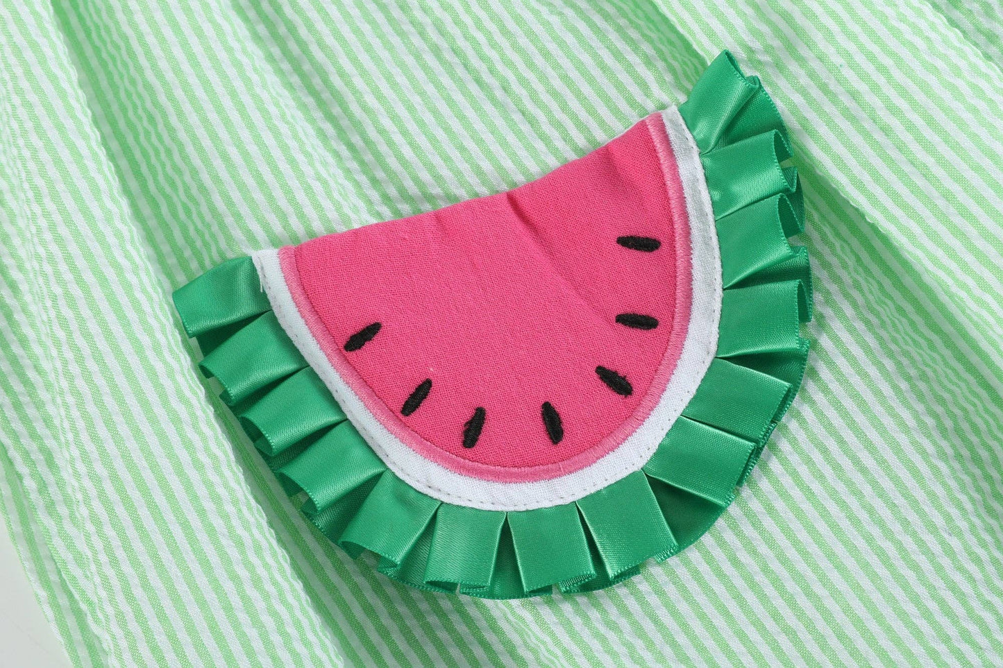 Lil Cactus - Green Seersucker Watermelon Smocked Bishop Dress