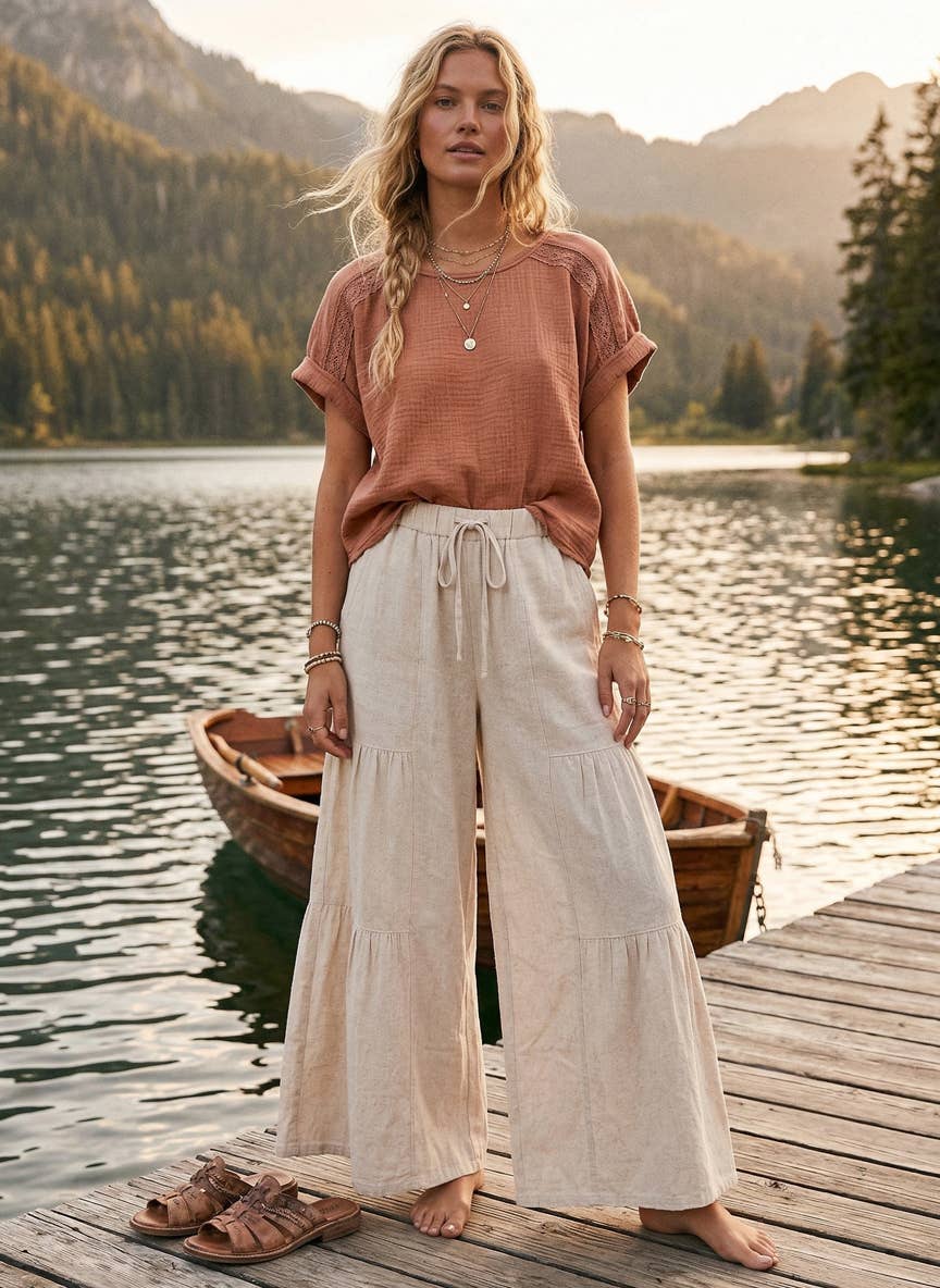 Sewn and Seen - Linen Blend Tiered Wide Leg Palazzo Pants
