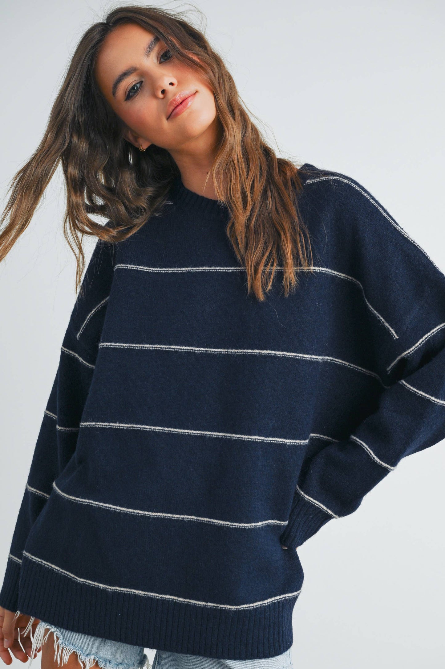 BUTTERMELON - Striped Pattern Drop Shoulder Sweater - BMW7421