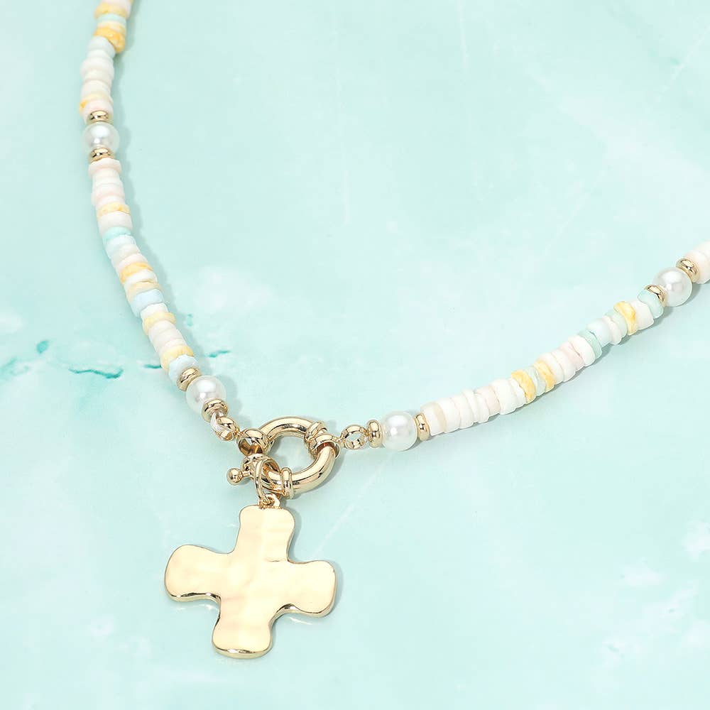 Sensibling Corp. - Hammered Metal Cross Charm Pendant Accent Pearl Flat Beaded Necklace