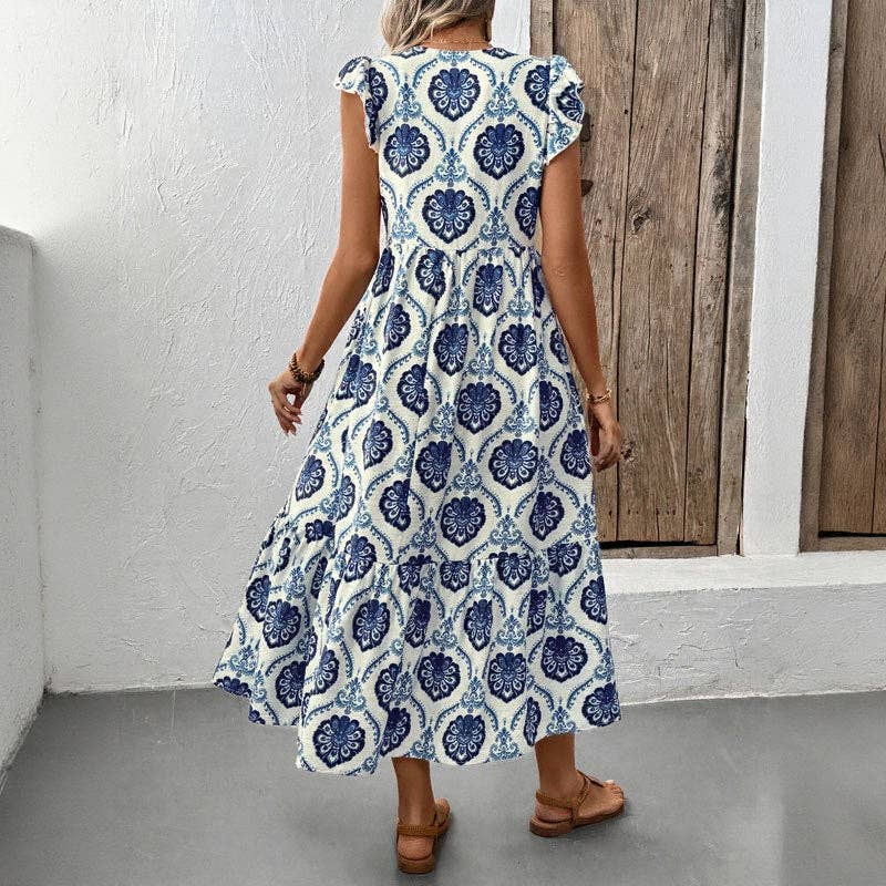 Lovesoft - Loose-Fit Deep V-Neck Floral Print Maxi Dress