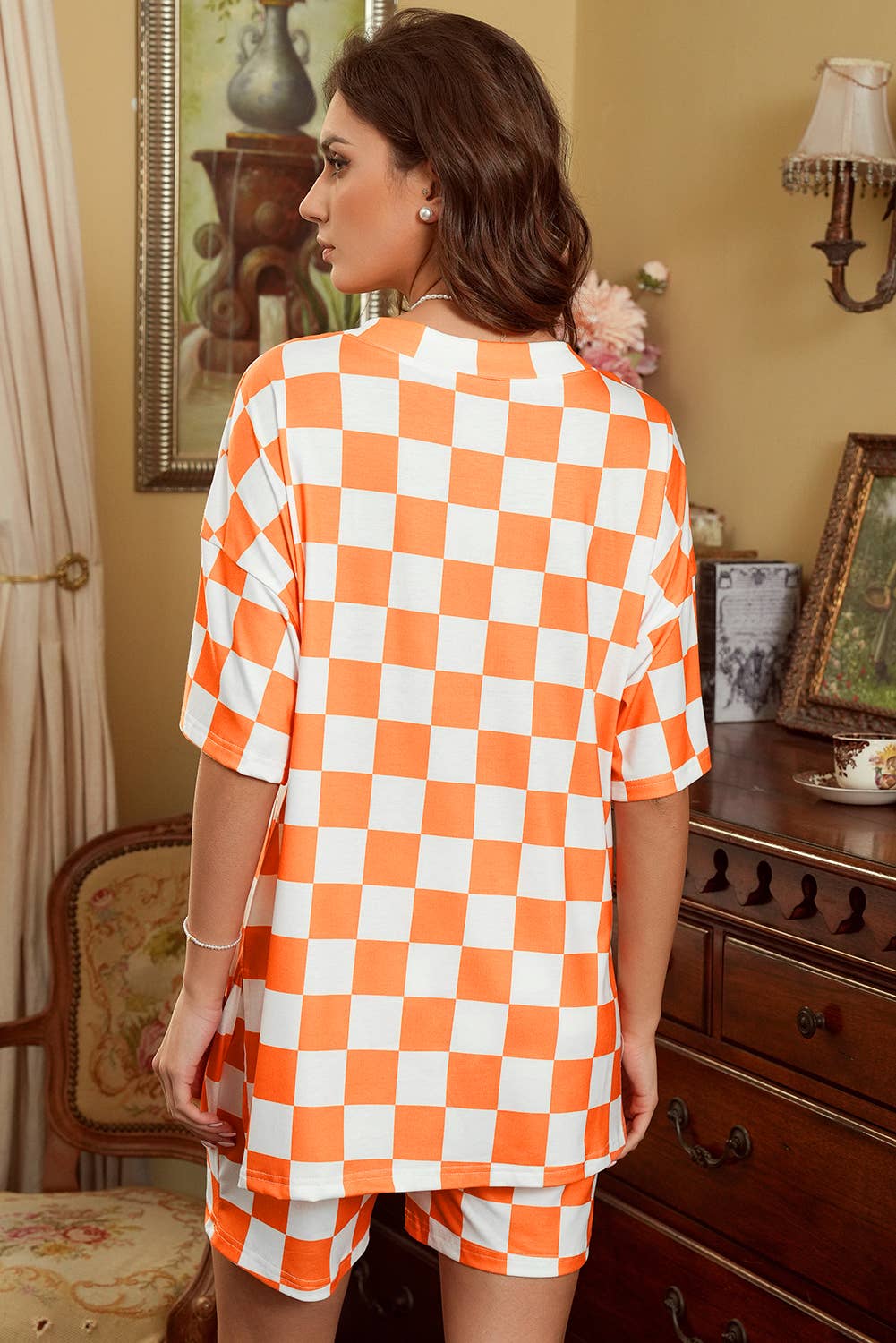 1 the Woman - Checkerboard Print V Neck Loose Tee and Shorts Lounge Set