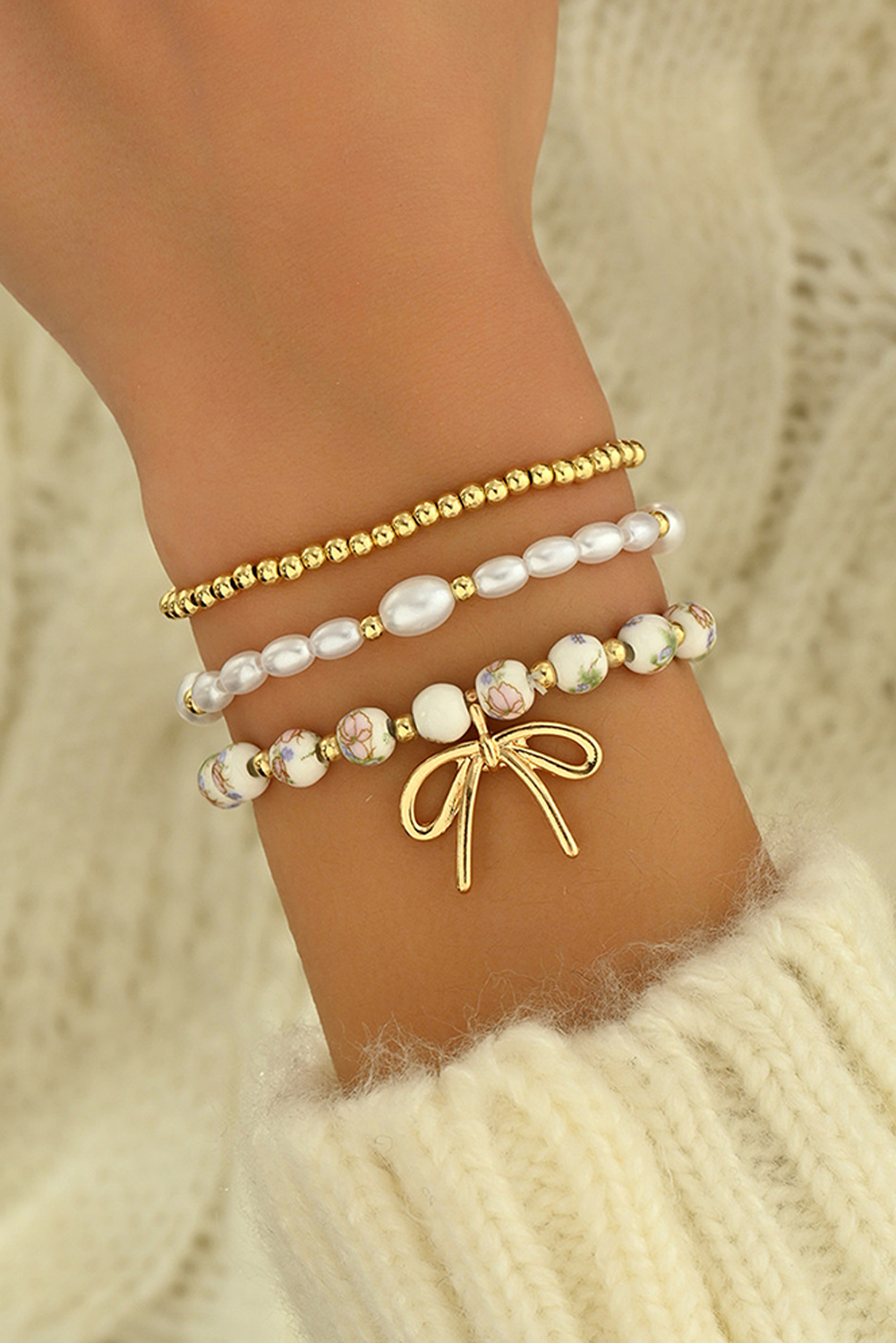 Aapparella - Bow Knot Beaded Triple Layer Bracelet Set
