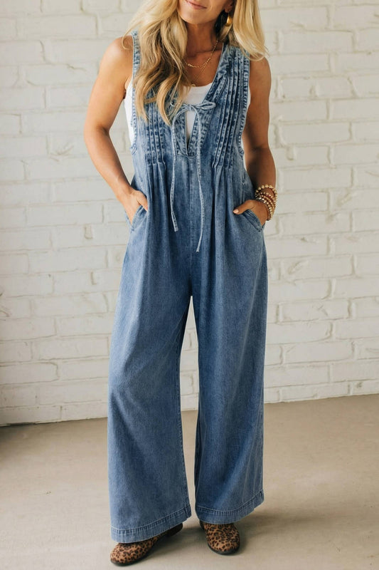 1 the Woman - Solid Western Acid Wash Tie Neck Pintuck Wide Leg Jumpsuit
