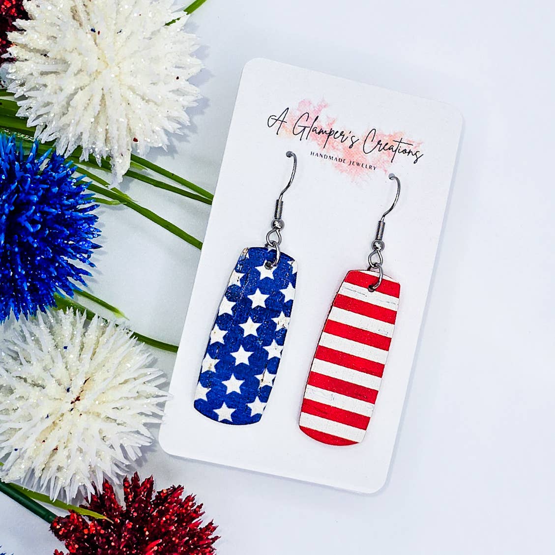 A Glamper's Creations LLC - 4th of July Stars & Stripes Mini Bar Leather Earrings