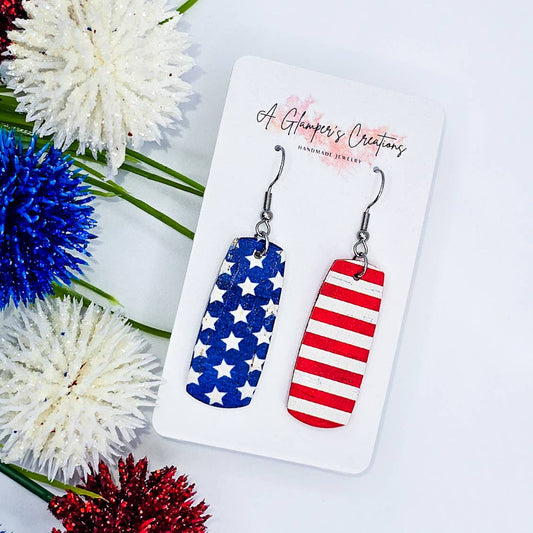 A Glamper's Creations LLC - 4th of July Stars & Stripes Mini Bar Leather Earrings
