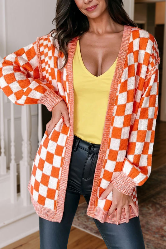 Aapparella - Checkered Pattern Open Front Drop Shoulder Cardigan | S-4X