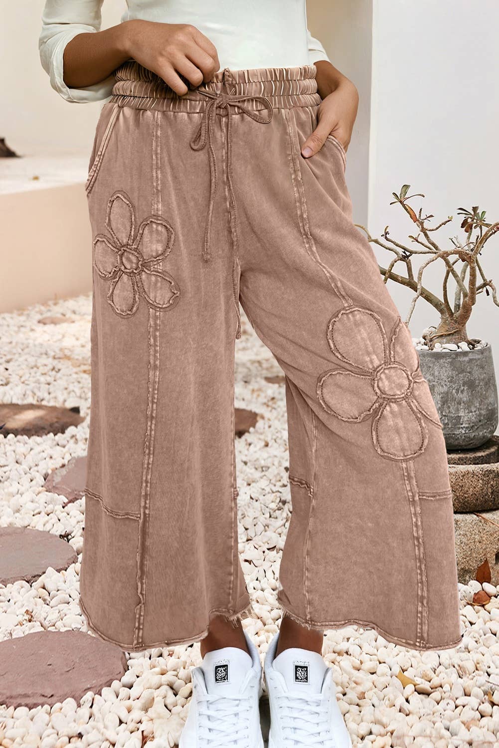 Little Daisy Closet -  LDC Floral Patch Mineral Washed Terry Knit Cropped Pants