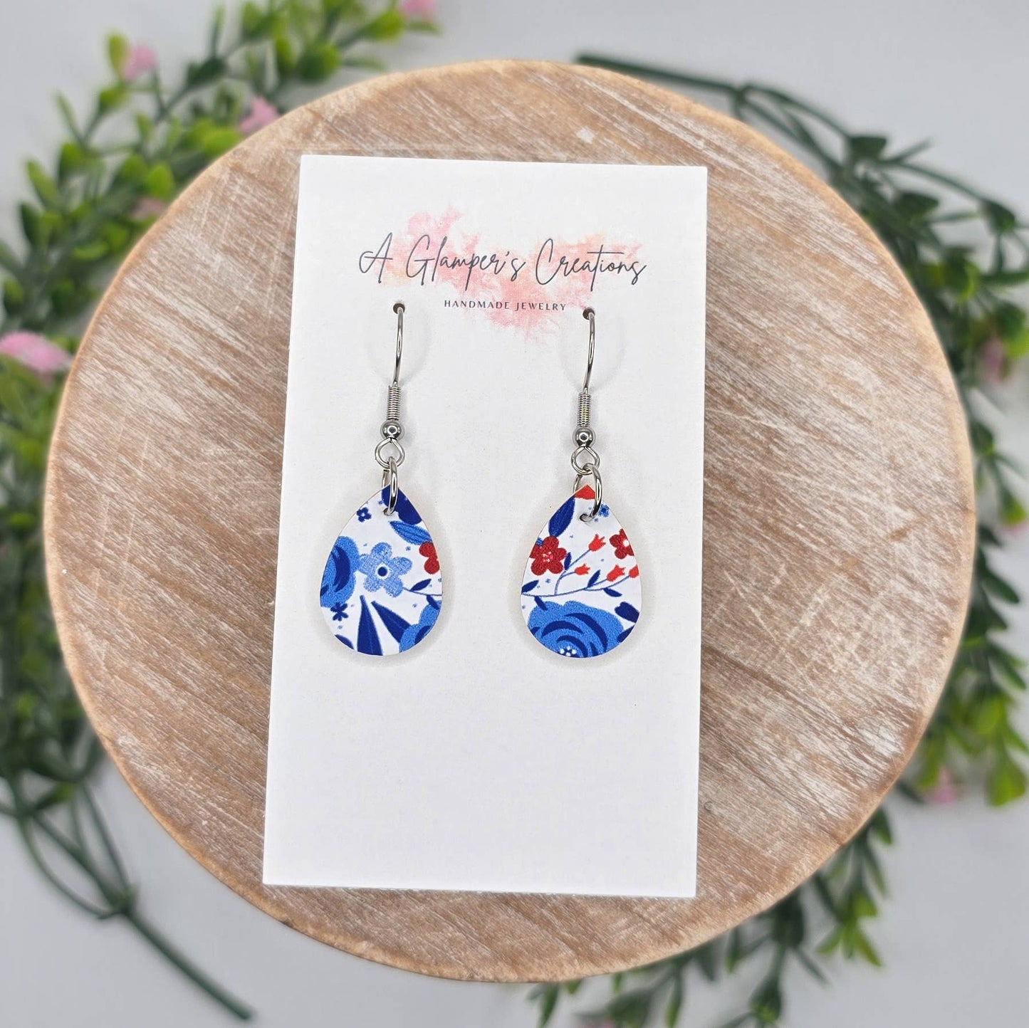 A Glamper's Creations LLC - Patriotic Floral MINI Teardrop Leather Earrings