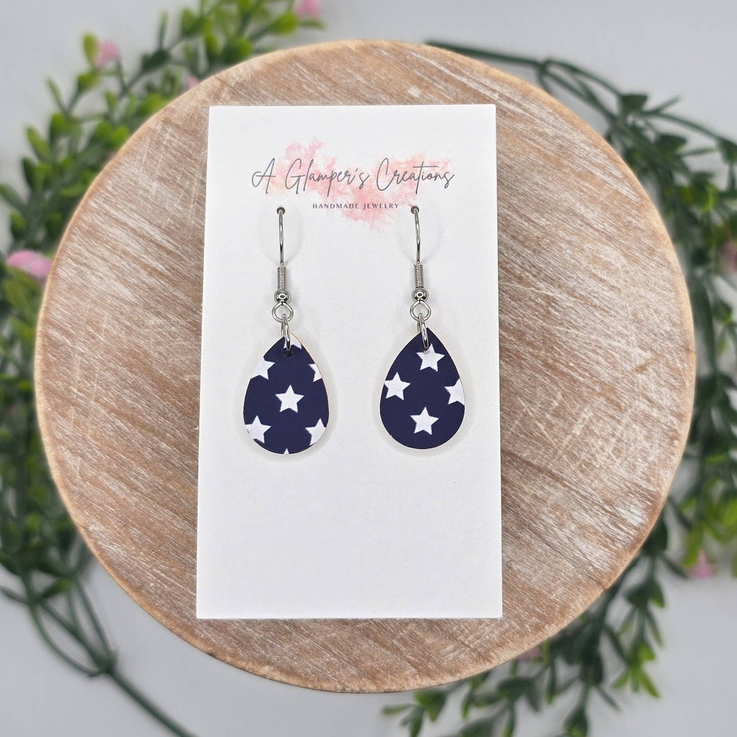 A Glamper's Creations LLC -  White Stars on Navy MINI Teardrop Leather Earrings