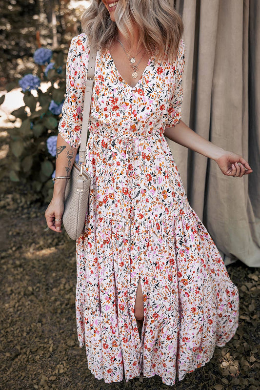 Aapparella - Boho Half Sleeve Floral V Neck Maxi Dress | S-XL