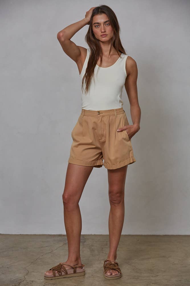 By Together - L5597 | Cotton Pleated Front Relax Fit Wide Leg Shorts