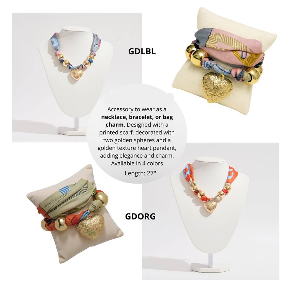 Sensibling Corp. - Gold Dipped Puffy Textured Heart Charm Accent Fabric Scarf Necklace / Adjustable Bracelet / Bag Charm
