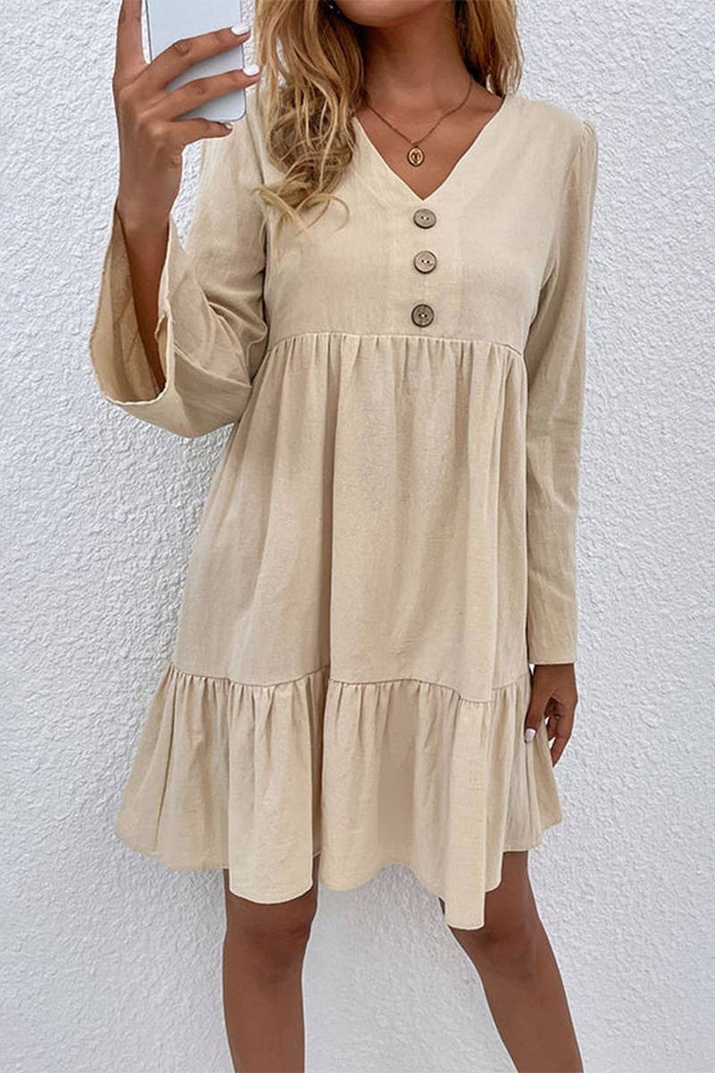 NINEXIS - CWDSD2000_V-Neck Button Long Sleeve Pullover Dress