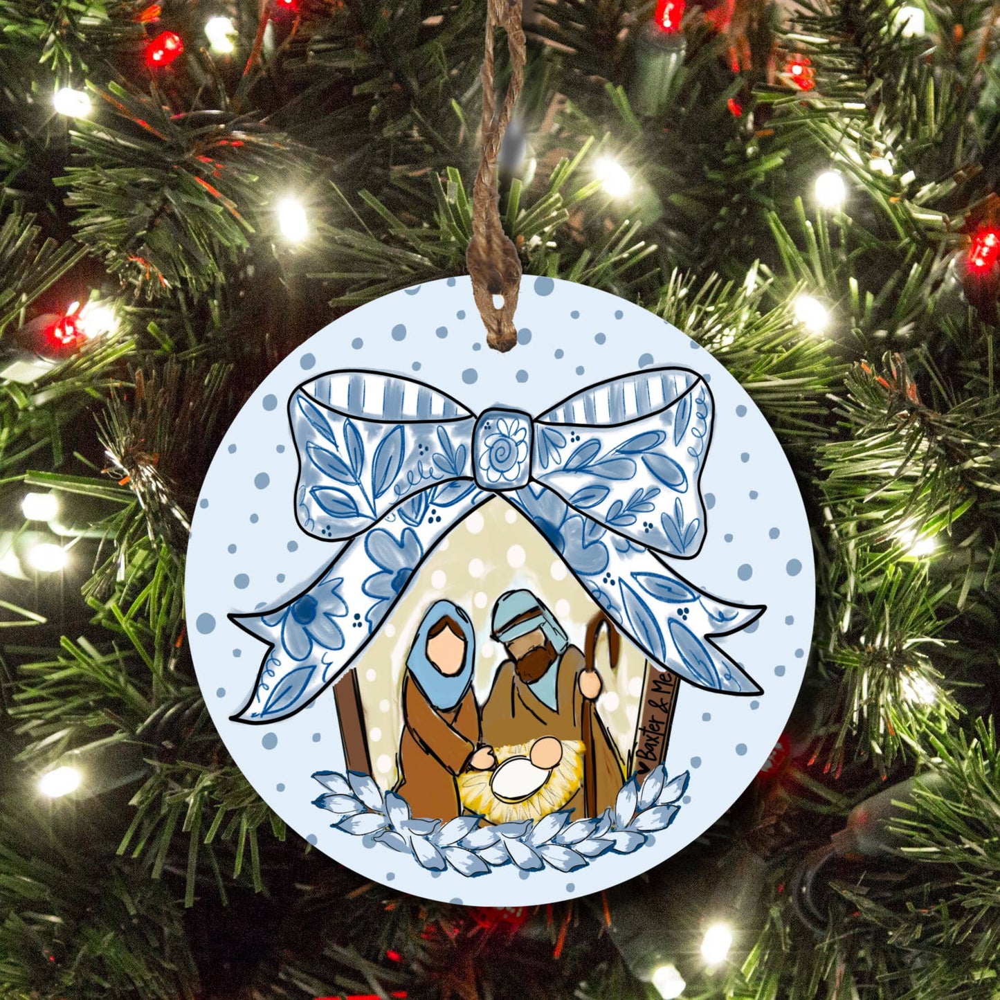 Baxter & Me - Blue Ribbon Bow Nativity Ornament