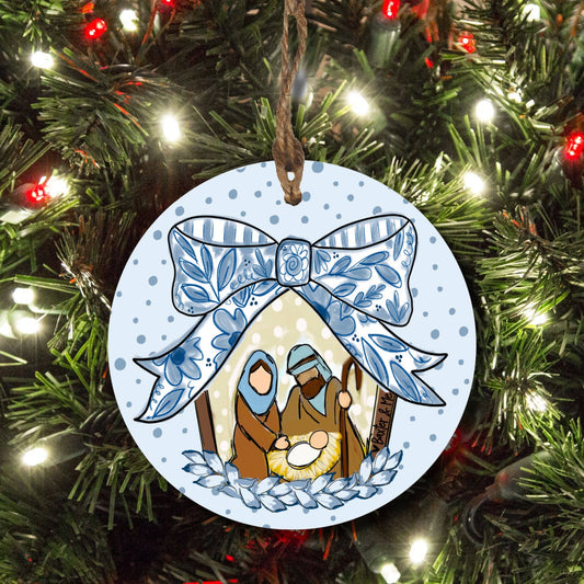 Baxter & Me - Blue Ribbon Bow Nativity Ornament