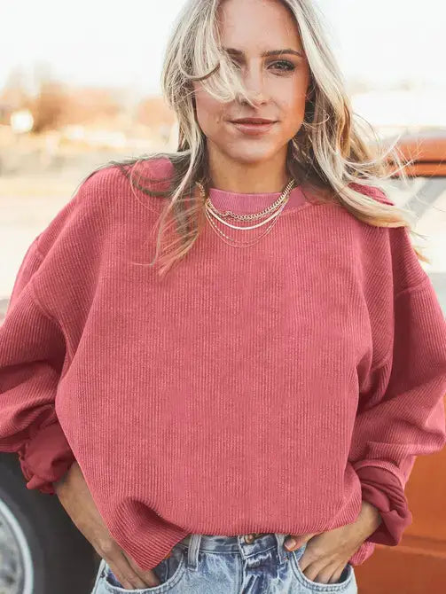 Lovesoft - Orange Long Sleeve Ribbed Corded Oversized Sweatshirt