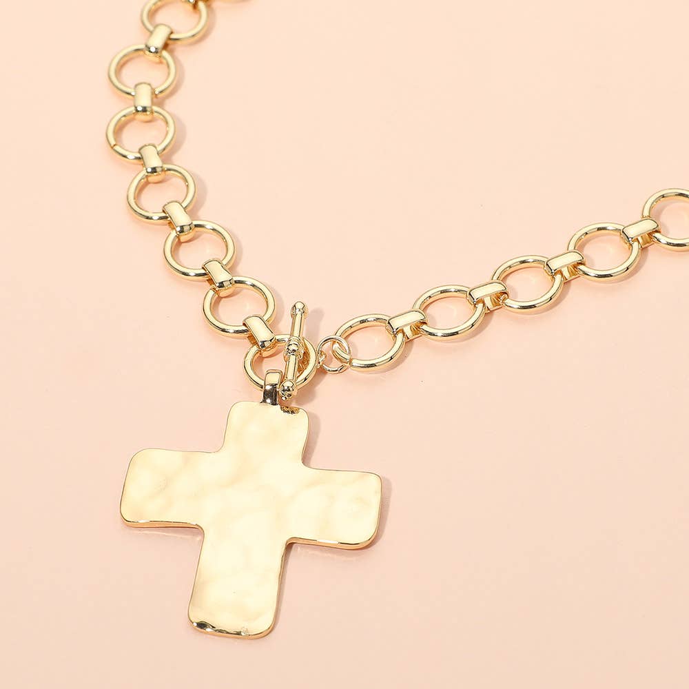 Sensibling Corp. - Hammered Matte Metal Cross Pendant Chunky Chain Toggle Necklace