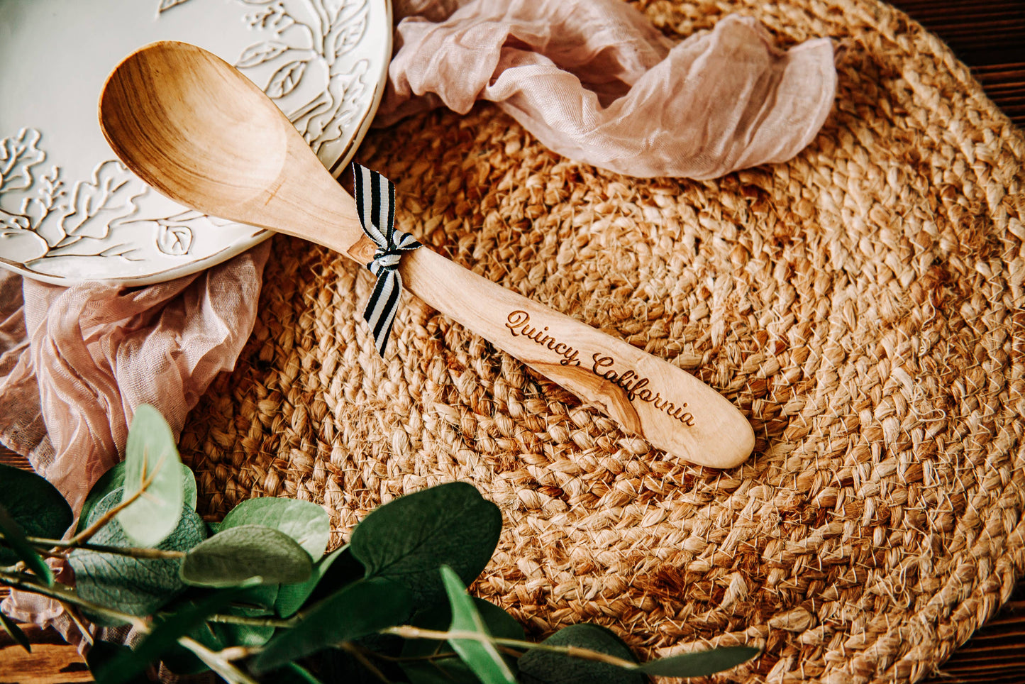 The Lillie Pad - Custom City Name Olive Wood Serving Spoon & Towel Gift Set