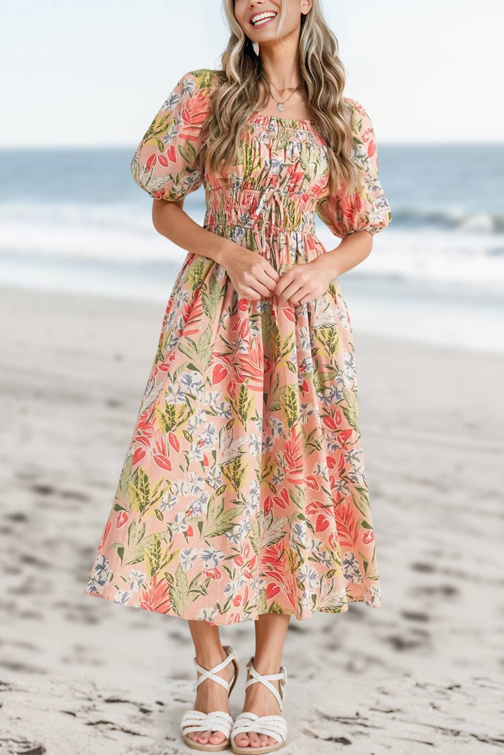 Aapparella - Floral Smocked Bust Bubble Short Sleeve Maxi Dress | S-XL