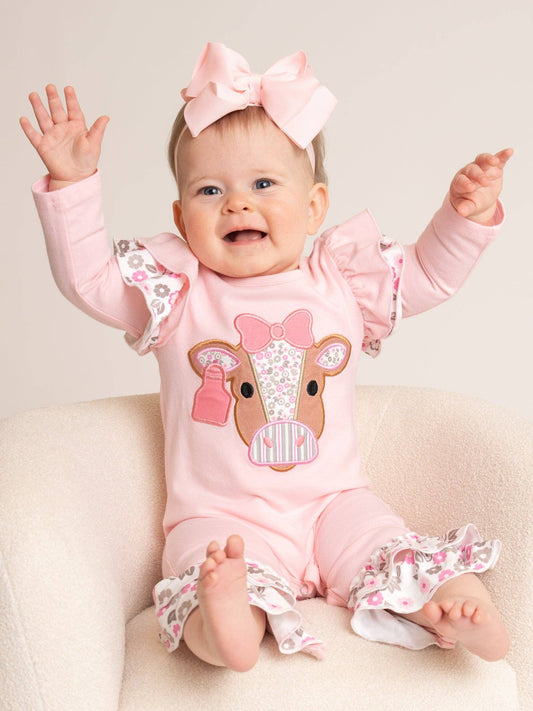 Marie Nicole Clothing - Floral Cow Cutie Ruffle Romper
