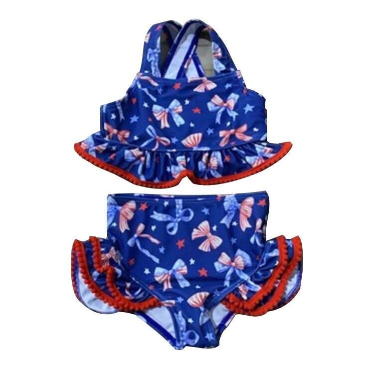 The Hair Bow Company - Navy Patriotic Bow Print Two-Piece Swimsuit | Baby Girls Ruffle Swim Set