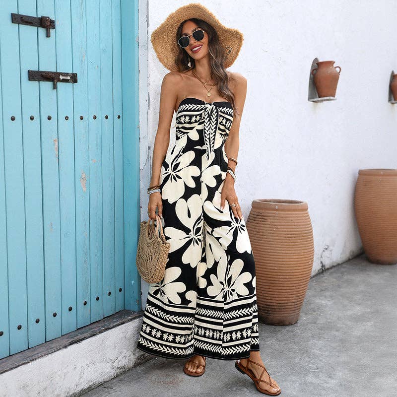 Lovesoft - Black Floral Strapless Backless Wide Leg Jumpsuit