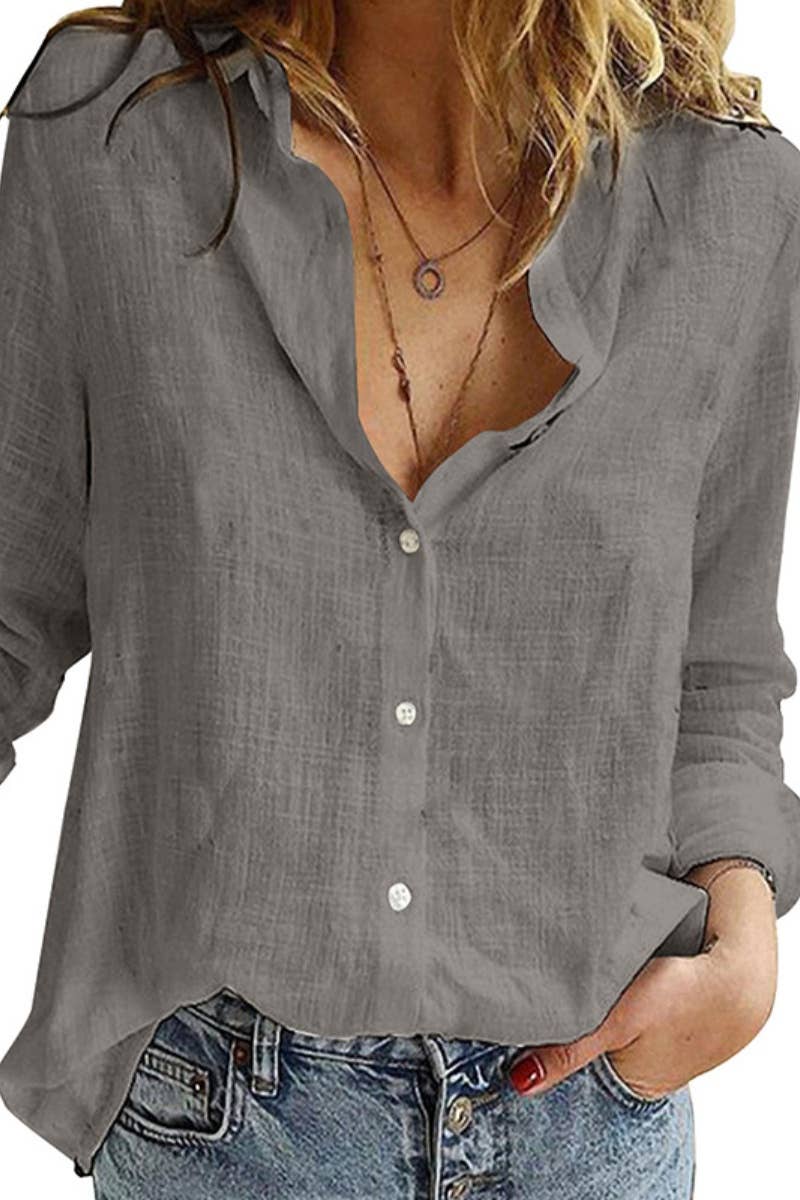NINEXIS - CWTSTL1282_FALL LONG-SLEEVED LAPEL BUTTON-DOWN BLOUSE
