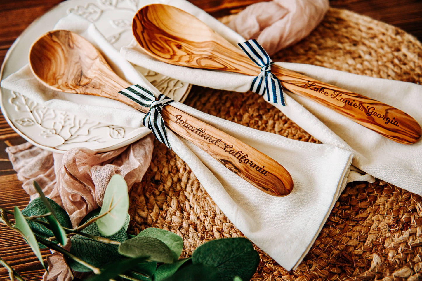 The Lillie Pad - Custom City Name Olive Wood Serving Spoon & Towel Gift Set