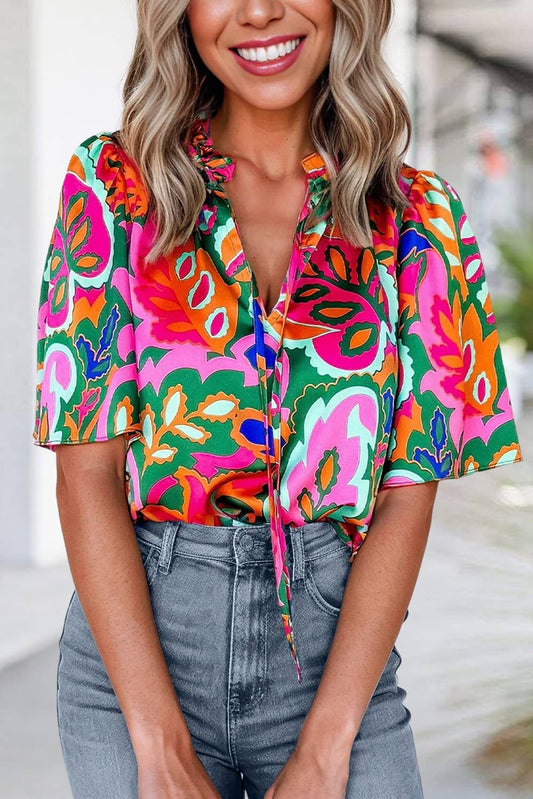 Aapparella - Tropical Print Tie Neck  Puff  Sleeve Blouse | S-XL