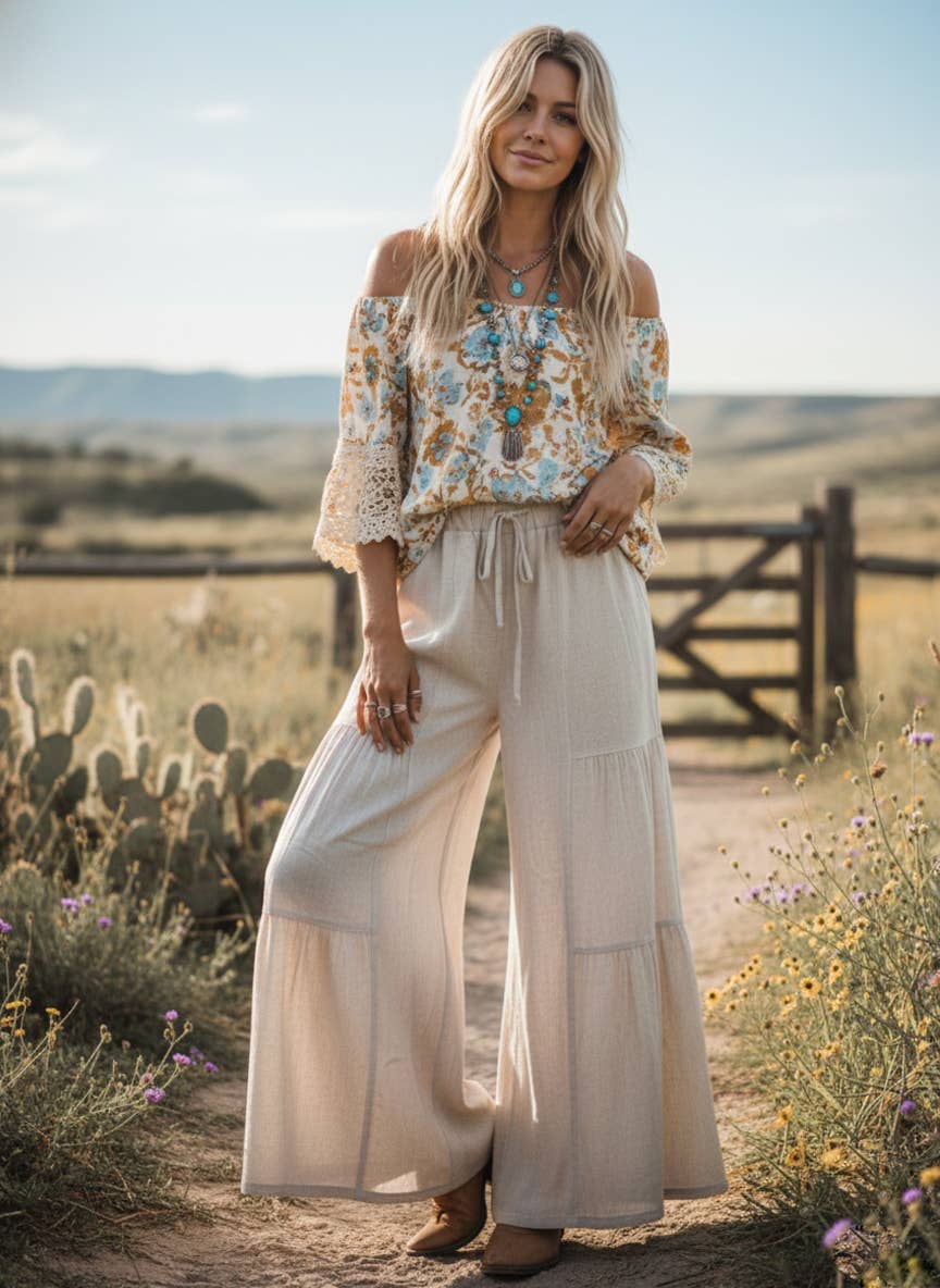 Sewn and Seen - Linen Blend Tiered Wide Leg Palazzo Pants