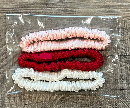 JILLIAN INK LLC - Silk Skinny Scrunchy Hair Ties Set of 3 Red Pink White