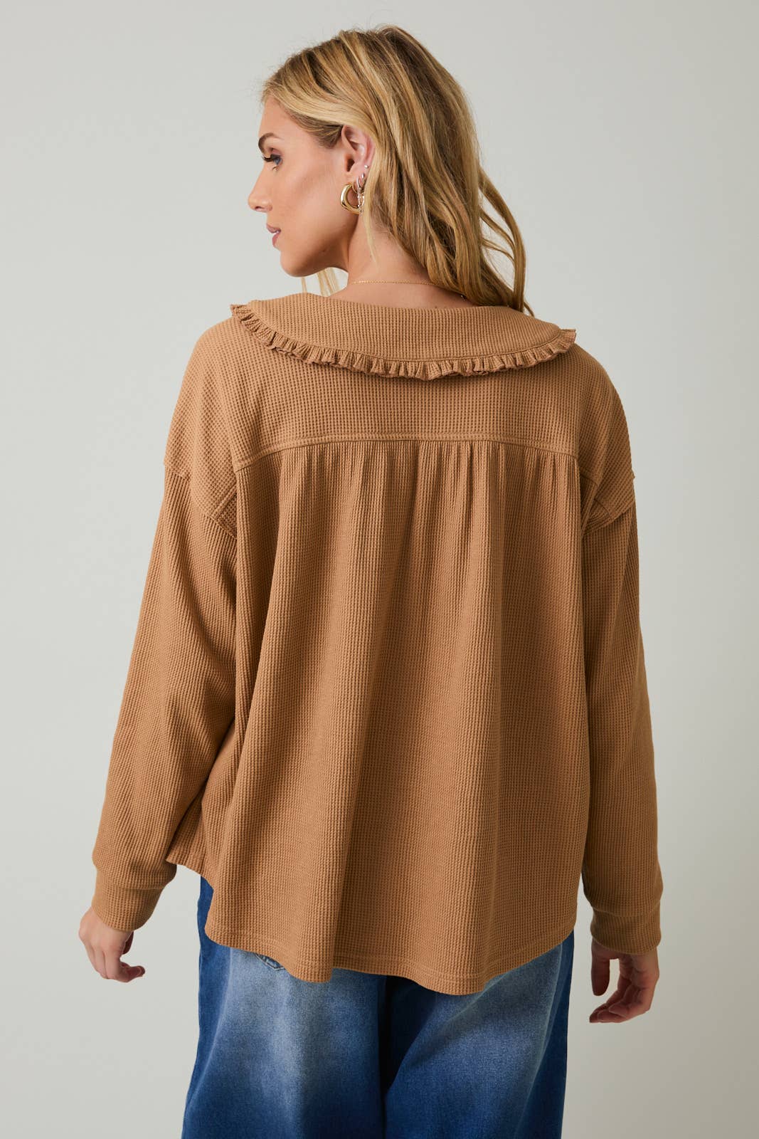Sunday Edition by LE LIS - PETER PAN COLLARED THERMAL LONG SLEEVE BUTTON UP TOP
